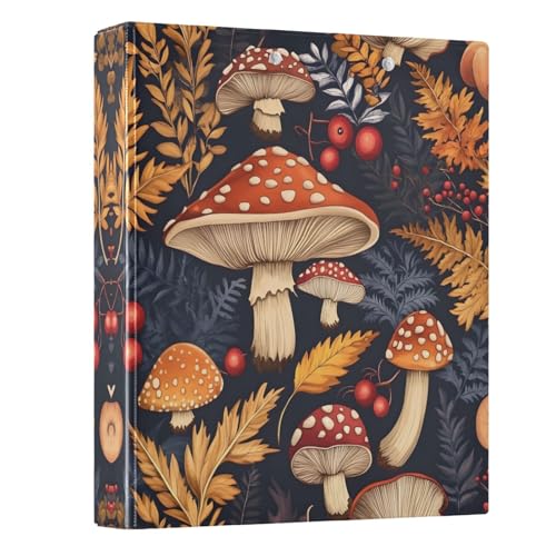 3 Ring Binder with Clipboard, D Rings Holds 200 Sheets, Heavy Duty Binders Folder for School Office, Waterproof PVC Cover with 3 Interior Clear Pockets, Mushrooms