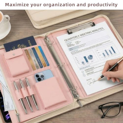 Zippered Padfolio with 3-Ring Binder & Clipboard, PU Leather Portfolio Organizer for Men Women, A4 Document Holder with Phone Pocket Pen Loops Card Slots, Professional Business Folder Rose Gold