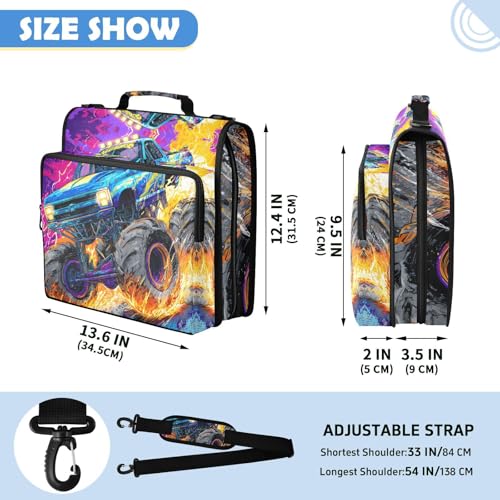 Monster Truck 3 Ring Zipper Binder Bag with Laptop Pockets and Shoulder Strap Tote Binders Organizer Case for School Office - color: Monster Truck