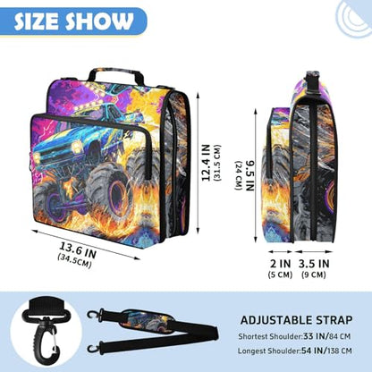 Monster Truck 3 Ring Zipper Binder Bag with Laptop Pockets and Shoulder Strap Tote Binders Organizer Case for School Office - color: Monster Truck