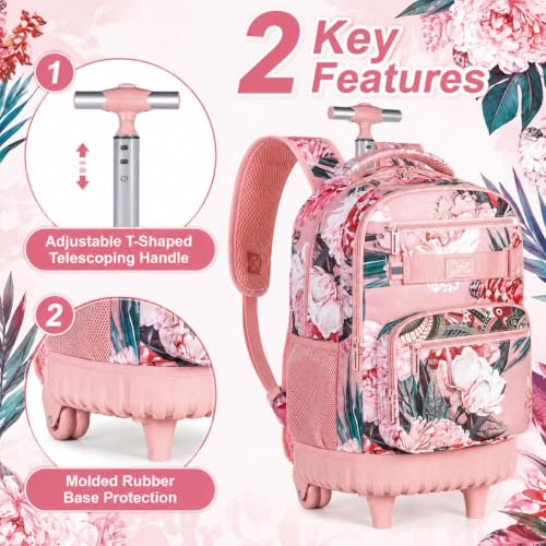 3Pcs Rolling Backpack for Girls Women, 19 Inche Adults Roller Bag with Wheels, Flower Wheeled Bookbag with Lunch Box(Pink) - color: Pink Flower