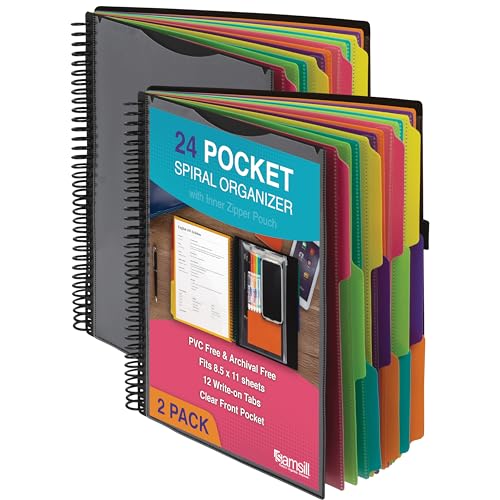 Samsill 2 Pack Deluxe 24 Pocket Spiral Project Organizer with Inner Zipper Pouch, Customizable Front Cover, 12 Dividers with Erasable Write-On Tabs in Fashion Colors, Plastic Folders with Pockets - color: Fashion, size: 2-Pack, style: 12 Dividers
