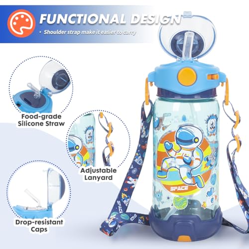 Kids Water Bottle with Straw/Lanyard for School Kids Girls Boys, 22oz BPA Free Child Drinking Water Bottle One-Click-Open Leak-Proof Locking Flip Lid for School Sport Travel - color: H15. Space
