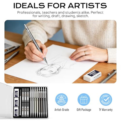 Nicpro 8 Pack Mechanical Pencil 0.7mm, MB1000 Metal Mechanical Pencil Set | 6 Tube HB #2 Lead Refill 0.7 mm, 3PCS 4B Eraser, 9 Cap Eraser with Case for Artist Drafting Writing, Sketching, Drawing - style: 8 Pack （0.7mm）