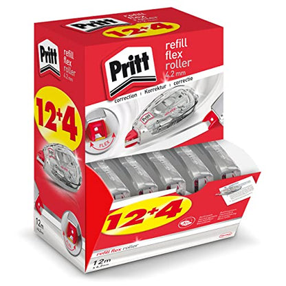 Pritt Correction Roller Refill Flex Roller Midway, 12 + 4 Rollers in Display, Easy Refillable, Retractable Flexible Tip, Push & Pull Function, Width 4.2 mm, Length 12 m, 9H PRR4M
