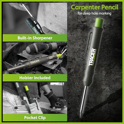 Tracer 5 Piece Construction Marker Kit - Deep Hole Carpenter Pencil Set with 2 Deep Hole Marking Pens, Heavy Duty Clog-Free Marker, 2.8mm Replacement Leads & Storage Case for Woodworking Tools - style: 5pc Set