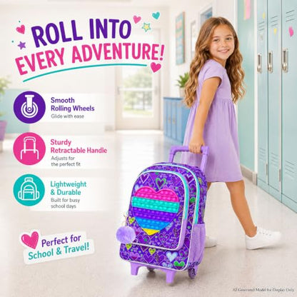 AGSDON 3PCS Rolling Backpack for Girls, Kids Roller Wheels Bookbag, Wheeled School Bag with Lunch Bag - Purple - color: Love