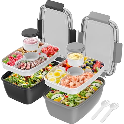 Cherrysea 2Pack Salad Lunch Container, 68oz Salad Bowls with 4 Compartments Tray,Leak Proof Lunch Box with Fork for Men,Women BPA-Free Snack Container with Sauce Container for Dressings - Black&Grey - color: 2Pack Black+Grey, size: 68oz