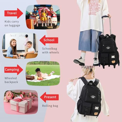 Black Rolling Backpack with Wheels for Girls Boys, Kids Roller Wheeled Backpack Middle School Bag, Trolley Rolling Bookbag on 6 Wheels - color: 6 Wheels Black