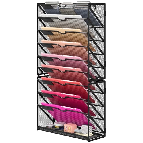 Lavatino 10-Tier Hanging Wall File Folders Organizer - Black Metal Mesh Paper Magazine Document Mail Holder File Organizer for Office School Home Wall Mount or Desk Supplies Organization