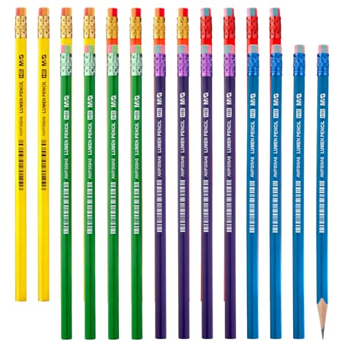 M&G Lumen Series 24 Pack HB Triangular Wood-Cased Pencils, Unsharpened with Multi-Color Erasers, Smooth Writing Break-Resistant Core, 6 Solid Bright Colors for School Office Classroom Supplies - style: LUMEN