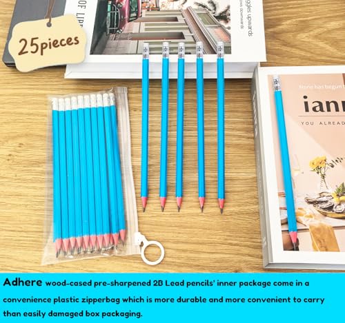 Adhere 25pcs Woodcase Pencils with Eraser Premium Pre-Sharpened Hexagon Graphite 2B pencils ideal for home, office writing including a Free Sharpener - color: Light Blue・25pcs