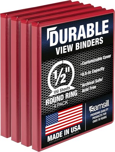 Samsill 4 Pack Durable 0.5 Inch 3 Ring Binders, Round Ring, Clear View Cover for Presentations, Red - color: Red, size: 0.5-Inch