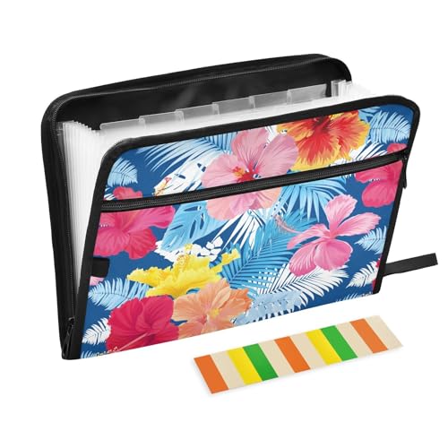 Hibiscus Flower and Leaf File Folders,Plastic Folders with 13 Pockets,Expandable File Folder for Documents School Students Office,Aesthetic Folder with Labels A4 Letter Size - color: Multi 25