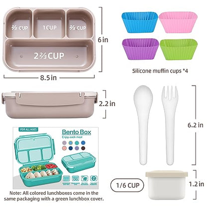 QQKO Bento Box Adult Lunch Box, Lunch Containers for Adults Men Women, Kids Lunch Boxes for School with 4 Compartments, Sauce Container, Utensils and Muffin Cups, Brown - color: Brown