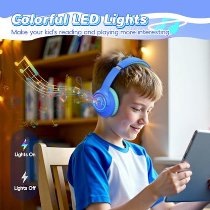 Kids Bluetooth Headphones, 85H Playtime Wireless Headphones for Kids, Colorful LED Lights, 85/94dB Safe Volume Limit, Bluetooth 5.4 Built-in Mic Toddler Headset for Tablet/Airplane/Travel (Blue) - color: Blue