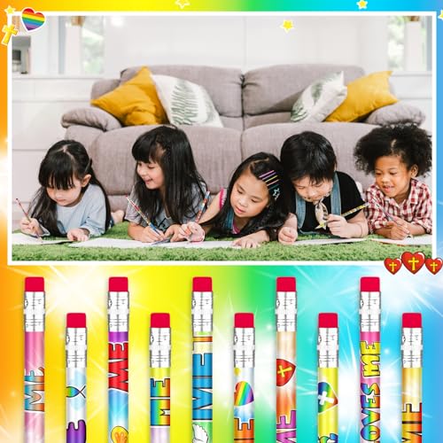 Frienda 200 Pcs 2026 VBS Pencils Bulk Jesus Loves Me Motivational Pencils for 2026 VBS Teachers Prize Classroom Reward with Butterfly Rainbow Heart for Students Kids Christian Party Supplies