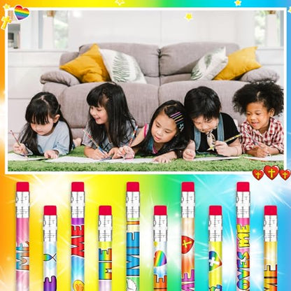 Frienda 200 Pcs 2026 VBS Pencils Bulk Jesus Loves Me Motivational Pencils for 2026 VBS Teachers Prize Classroom Reward with Butterfly Rainbow Heart for Students Kids Christian Party Supplies
