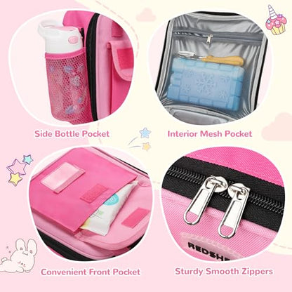 REDSHELL Lunch Box Kids, Large Insulated Lunch Bag for Girls, Rose Red | Tactical Style, Cooler Lunchbag, Square Toddler Lunchbox, School & Daycare, Lunch Tote, Water Bottle Holder, Adjustable Strap - color: Rose Red