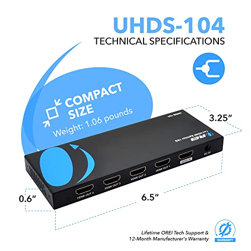 OREI UltraHD 4K HDMI @ 60 Hz 1x4 HDMI Splitter – HDMI Splitter 1 in 4 Out 4:8-Bit, HDMI 2.0, HDCP 2.0, 18Gbps, EDID Management, Mirror Displays – UHDS-104 | OREI UltraHD 1x4 HDMI Splitter – 4K@60Hz HDMI Splitter 1 in 4 Out With 8-Bit, HDMI 2.0, HDCP 2.0,
