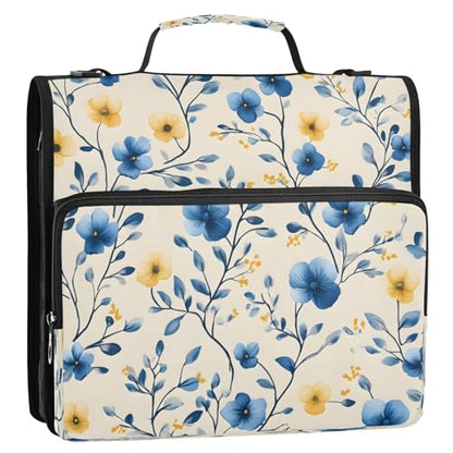 Subtle Floral Zipper Binder 3 Ring with Shoulder Strap and Handle Multiple Pockets Expanding File Folder Organizer