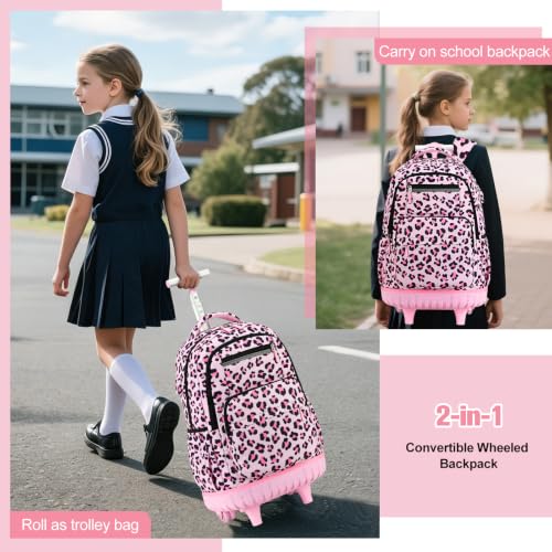 ACESAK Rolling Backpack for Girls - Roller Wheels School bag with Lunch Bag & Pencil Pouch for Teen Girls Kids Wheeled Suitcase Backpacks, Elementary Middle School Travel Daypack (Pink Leopard) - color: Pink Leopard