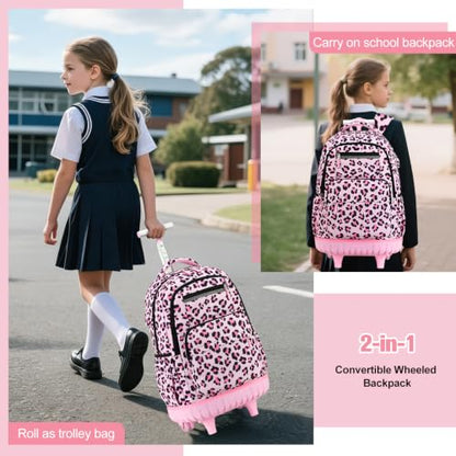 ACESAK Rolling Backpack for Girls - Roller Wheels School bag with Lunch Bag & Pencil Pouch for Teen Girls Kids Wheeled Suitcase Backpacks, Elementary Middle School Travel Daypack (Pink Leopard) - color: Pink Leopard