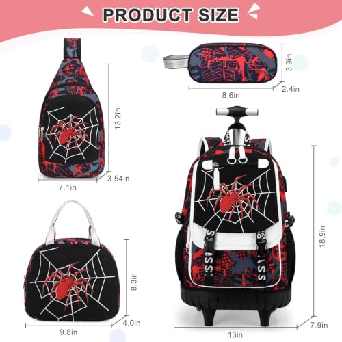 Bevalsa Rolling Backpack for Boys, Roller Backpack with Wheels, Wheeled School Bag with Sling Bag, Lunch Box & Pen Case for Kids Children Teens Elementary Middle Student Glow In The Dark - color: Spider