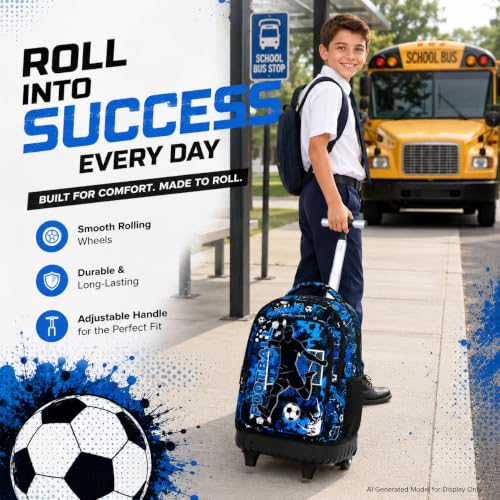 gxtvo Kids Rolling Backpack for Boys, Men Wheeled Bookbag with Lunch Box for Adults, Water Resistant Roller School Bag for College Teens Kids Travel - Blue Soccer - color: Rolling Backpack Shot Football Blue