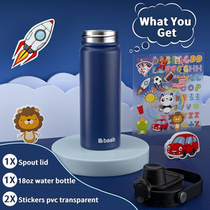 baab 18oz Kids Water Bottle, Insulated Kids Water Bottle with Lockable Spout Lid & Stickers, 18/8 Stainless Steel Vacuum Leakproof Kid Water Cup with Handle for Boy Girl & School (Navy Blue, 1 Pack) - color: Navy Blue, size: 18 Ounces