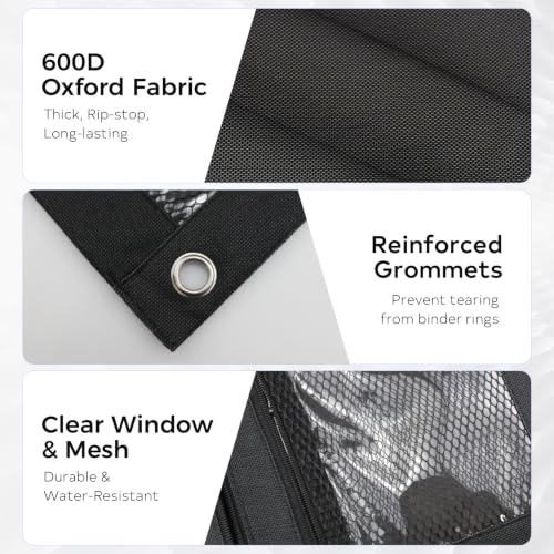 3 Ring Pencil Pouch for Binder, 2-Pocket Zipper Pencil Case with Clear Window & Mesh Pocket, 600D Oxford Fabric Binder Pouch for School Office Supplies, Fits Standard 3-Ring Binders, Black - color: Black