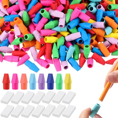 400+40 Pcs Pencil Top Erasers Bulk, Colorful Pencil Cap with White Erasers, Eraser Caps for Pencils, Chisel Shaped Toppers for Classroom School Office Supplies, Mix 8 Assorted Colors