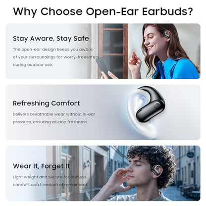 kurdene Open-Ear Headphones, Digital Display Wireless Earbuds with Ear Hooks, Ultra-Comfort, Snug Fit, Powerful Sound, Clear Calls, 42H Playtime, Bluetooth 5.4 for Office, Outdoor Use-Black