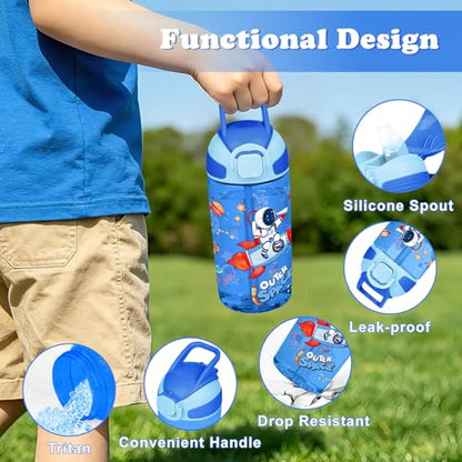 Kids Water Bottle with Straw BPA Free Kids Plastic Bottle for School Travel - color: Astronaut, size: 18.6 Ounces