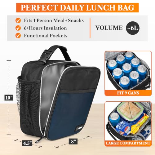 opux Insulated Lunch Bag for Kids Boys Girls, Small Compact Lunch Box with Wide Opening & Mesh Pockets, Reusable Lunch Pail for School, Work, Adults, Men, Women, Navy - color: Navy