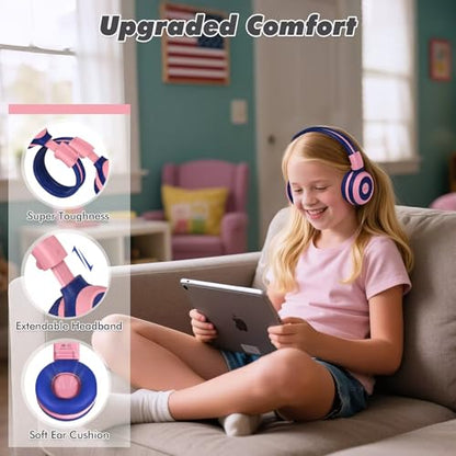 SIMOLIO 2 Pack Wireless Kids Headphones with Share Port, 75/85/94dB Volume Limiting, HD Mic, USB C Charging, Foldable Headphones with Travel Case for iPad Tablet School Airplane Boys Girls - color: Mint&Pink