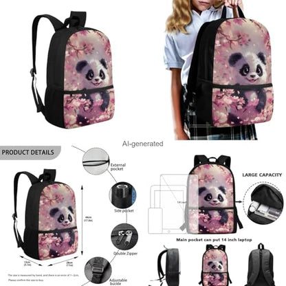 Cherry Blossom Panda Backpack for Girls Kids Backpack with Lunch Box Water Bottle Carrier and Aesthetic Pencil Case 4PCS Set Bookbag with Front Pocket for School 17 inch Large Cute School Bag - color: Cherry Blossom Panda