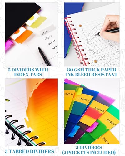 5-Subject Spiral Notebook, College Ruled, with Pocket & Tab Dividers | 300 Pages, 11" Ruler, 8.5"x11" Black, Pocket Dividers with Tab Labels, for Writing Journal, Home, Office & School Supplies - color: Black(300 page)