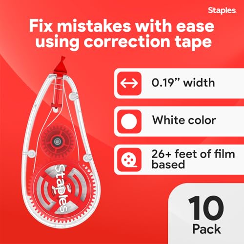 STAPLES Correction Tape, White, 10 Pack – Sidewinder Applicator for Instant, Precise Corrections - style: 10 Pack