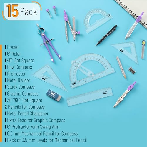 Mr. Pen- Geometry Set, 15 pcs, Purple, 6 Inch Swing Arm Protractor, Divider | Set Squares, Ruler, Compasses and Protractor - color: Purple