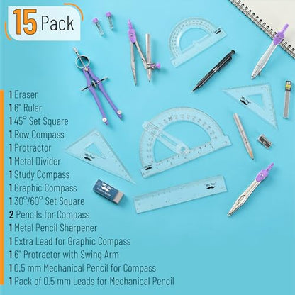 Mr. Pen- Geometry Set, 15 pcs, Purple, 6 Inch Swing Arm Protractor, Divider | Set Squares, Ruler, Compasses and Protractor - color: Purple