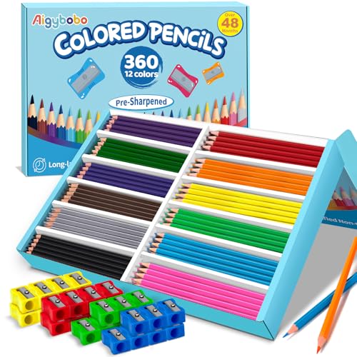 360 Count Colored Pencils Bulk for Classrrom, Color Pencils for Kids in 12 Vibrant Colors, Pre-sharpened Coloring Pencils Set Plus 30 Sharpeners, Bulk Pack Colored Pencils for Back to School Supplies