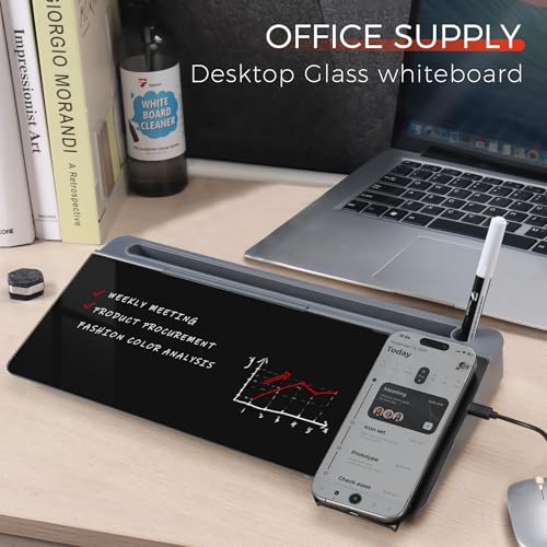TOWON Glass Desk Whiteboard 16x7 in, Wireless Charger and Storage, Black | Desktop whiteboard with charging pad and phone stand. Tempered glass dry erase. Marker and eraser included. - color: Charger Black