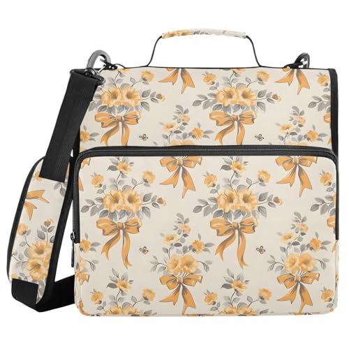 3 Ring Zipper Binder Yellow Floral Bow Binders Bag with Shoulder Strap 500 Sheets Paper Organizer Trapper Keeper Documents Storage File Folder for School Office - color: A426