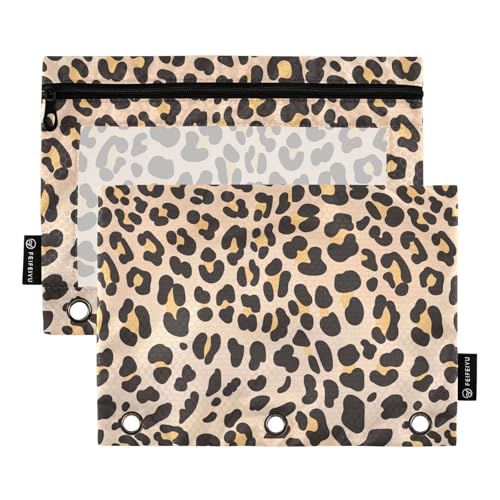Brown Leopard Pencil Pouch for 3 Ring Binder 2 Pcs Binder Pouches with Zipper Pocket Pencil Case Bag with Clear Window for Office Work School Supplies - color: Brown Leopard