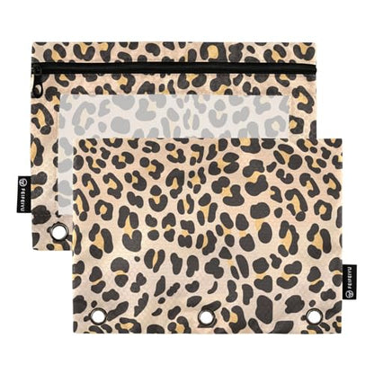 Brown Leopard Pencil Pouch for 3 Ring Binder 2 Pcs Binder Pouches with Zipper Pocket Pencil Case Bag with Clear Window for Office Work School Supplies - color: Brown Leopard