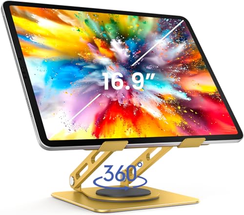 LOXP Metal Tablet Stand, 360 Rotating iPad Stand with Heavy-Duty Base, Tablet Holder Compatible with 4.0-16.9" Device, iPad Pro Air Mini, Kindle, Surface Tablet, Portable Monitors - Gold - color: Gold