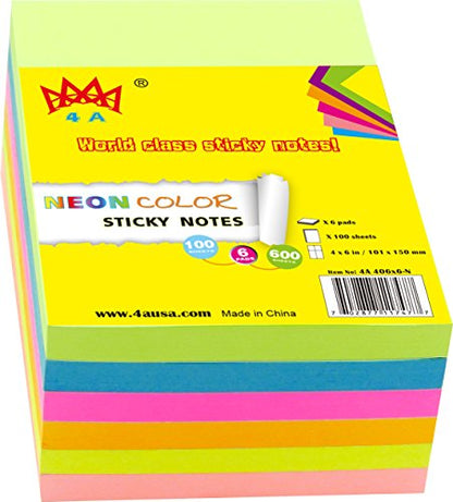6 Pads Sticky Notes 4 x 6 Inches, Bright Colors, Large Self-Stick Note Pads for Office, School, 100 Sheets/Pad, 600 Sheets Total, 4A 406x6-N