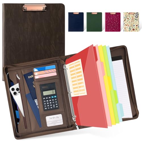 Ospelelf Zippered Portfolio Binder, Leather Clipboard Folder with Storage, 3 Ring Binder 1 Inch, 12.1” Tablet Sleeve, 5 Dividers with Pocket, Refillable Notepad, Card Slot (Brown) - color: Brown