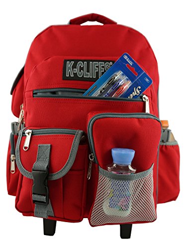 K-Cliffs Heavy Duty Rolling Backpack School Bookbag with Wheels Deluxe Wheeled Daypack - color: Red